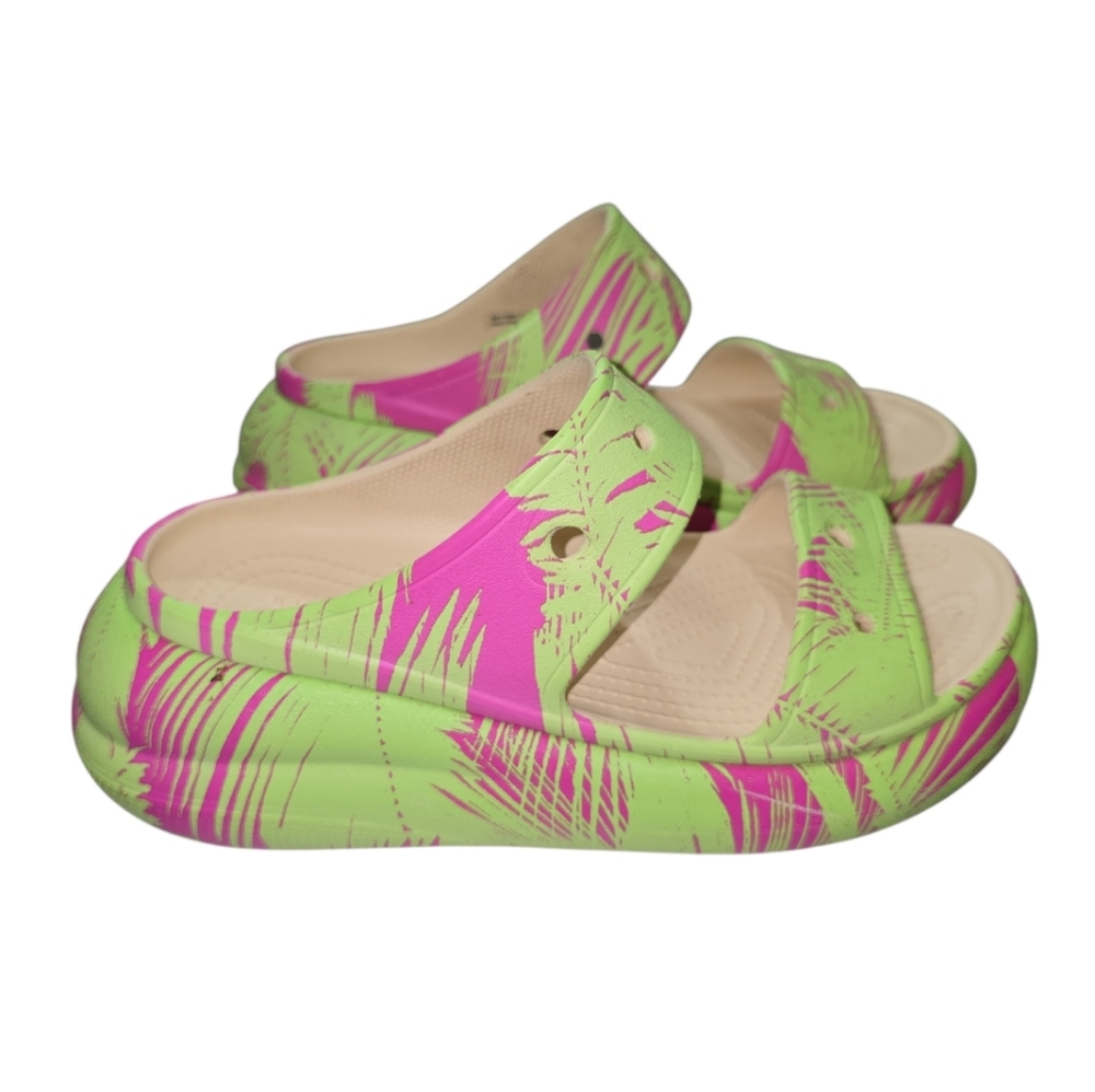 Crocs Crush Sandals Bold Green Pink Print 2 Strap Chunky Platforms 8 Women - Picture 8 of 9
